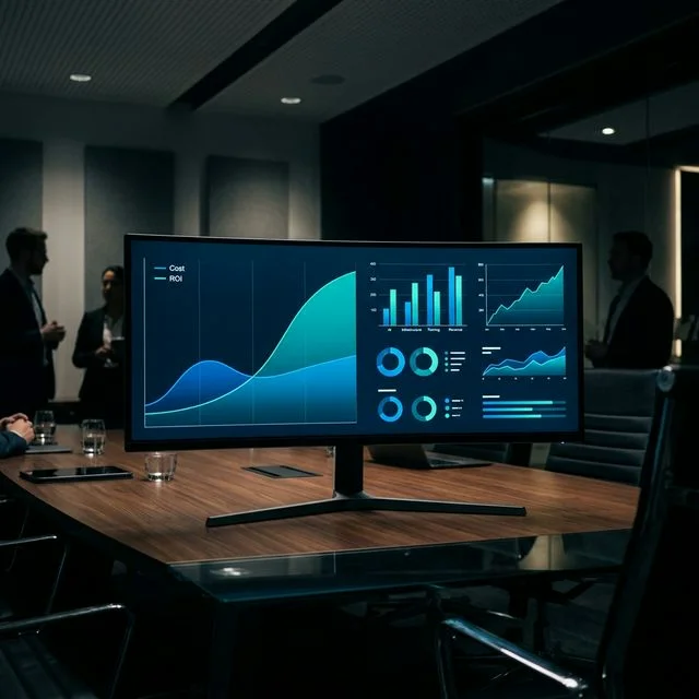 Sleek corporate dashboard rendering AI implementation implementation costs versus high-margin ROI