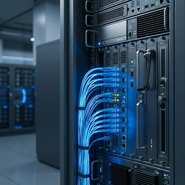 Sleek glowing AI server racks modeling SaaS cloud data architecture.